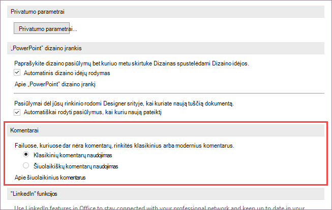 Modernių komentarų parinktys