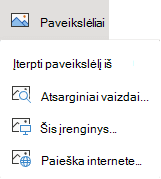 Juostelės skirtuke Įterpimas pasirinkite Paveikslėliai, tada meniu pasirinkite norimą paveikslėlio tipą.