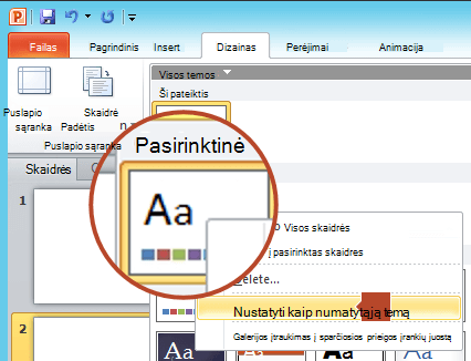 Dešiniuoju pelės mygtuku spustelėkite naują temą, pateiktą dalyje Pasirinktinė, ir pasirinkite Nustatyti kaip numatytąją temą.