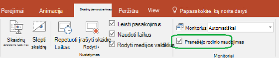 Programos „PowerPoint“ skirtuke Skaidrių demonstravimas yra žymės langelis, kuriuo valdoma, ar pranešėjo rodinys naudojamas, kai pateiktis rodoma kitiems asmenims.