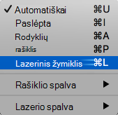 Ekrano kopija, kurioje rodomas lazerinis iškylančiojo meniu žymiklis