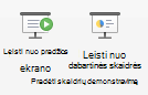 Ekrano kopija, kurioje rodomas Paleisti skaidrių demonstravimą nuo pradžios arba dabartinės skaidrės.