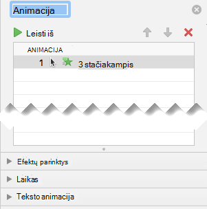 Animacijos srityje yra efektų, laiko parinkčių ir teksto efektų parinkčių