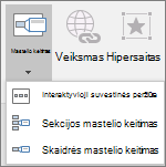 Rodo skirtingus mastelio keitimo tipus, kuriuos galima pasirinkti perėjus prie Įterpti > mastelį: Interaktyvioji suvestinė, Skaidrės mastelio keitimas ir Sekcijos mastelio keitimas.
