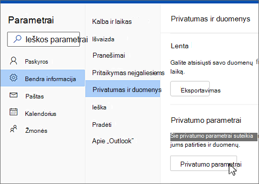 Parametrų bendrasis privatumo ir duomenų meniu