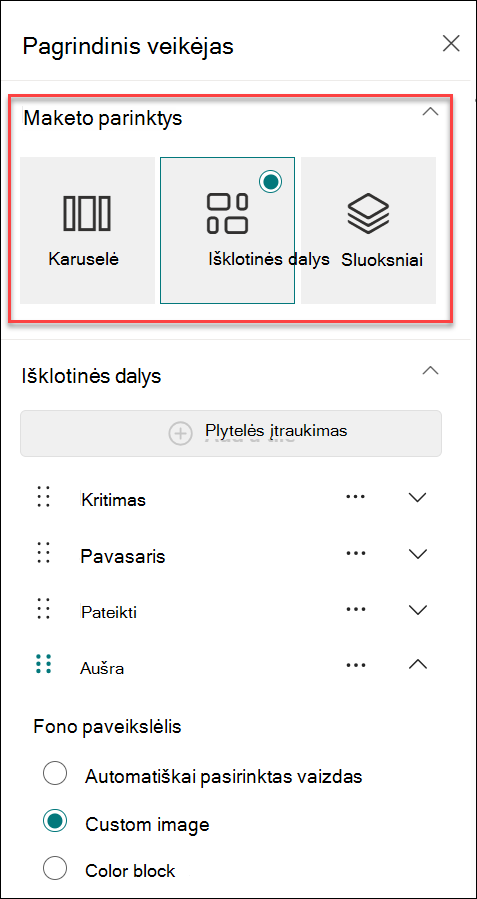 Ekrano kopija, kurioje matyti maketo keitimas iš ypatybių srities