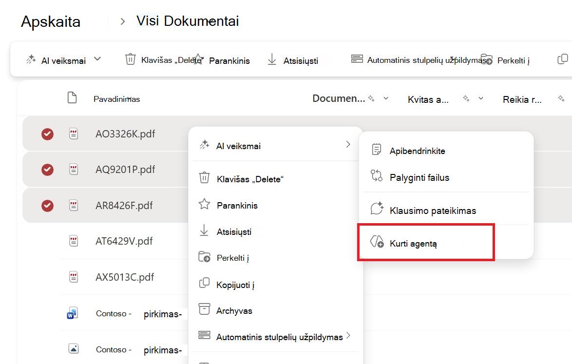 Ekrano kopija, kurioje rodomas mygtukas kurti agentą iš failo arba aplanko pasirinkimo kontekstinio meniu