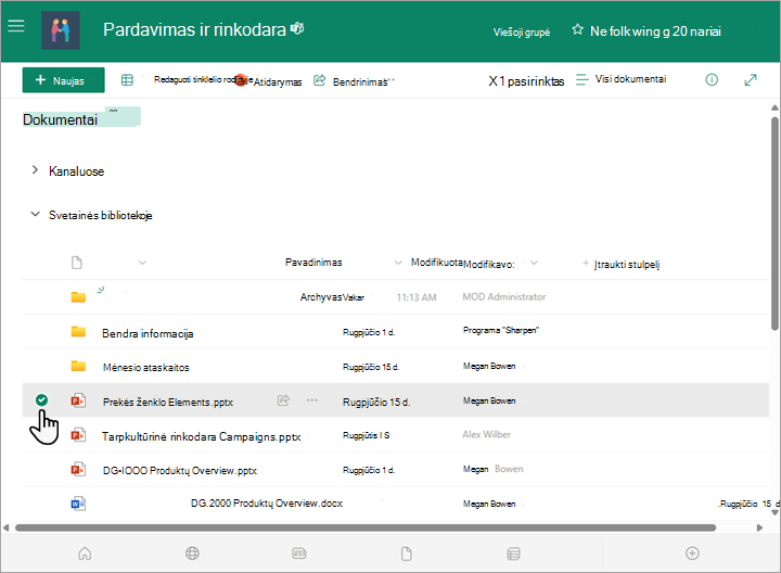Galite pasirinkti failą dokumentų bibliotekoje.