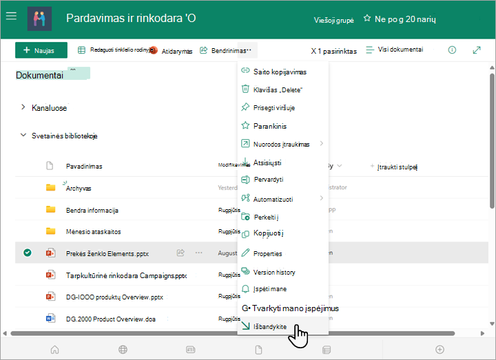 Pasirinkite paėmimo ir užrakinimo parinktį meniu Daugiau, esančiame virš dokumentų sąrašo.