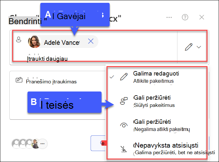 Ekrano kopija, kurioje bendrinama su konkrečiais asmenimis