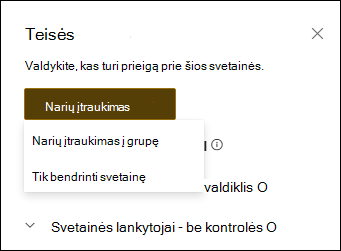 Teisių skydo su išplečiamuoju meniu peržiūros versija.