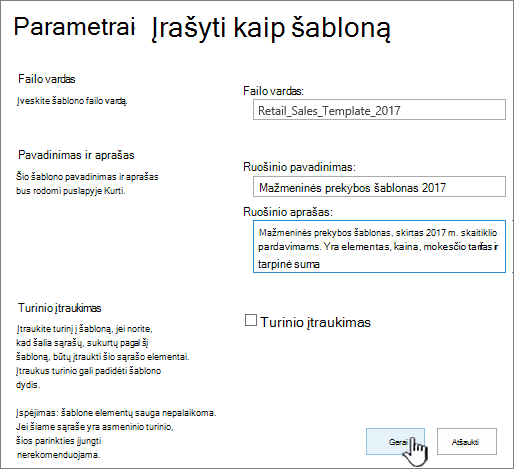 Įrašyti kaip šablono puslapį