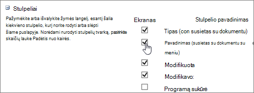 Dialogo langas Stulpelių pasirinkimas