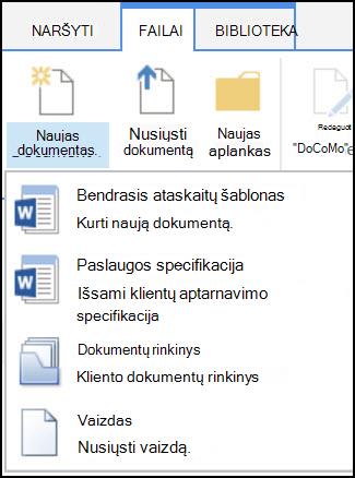 Naujo dokumento meniu su tinkintu turinio tipu „SharePoint“