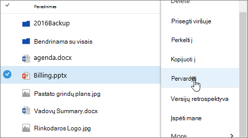 Elipsės meniu su paryškinta parinktimi Pervardyti