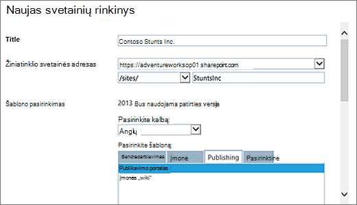 Naujo svetainių rinkinio dialogo lango viršutinė pusė su paryškintu publikavimo portalu