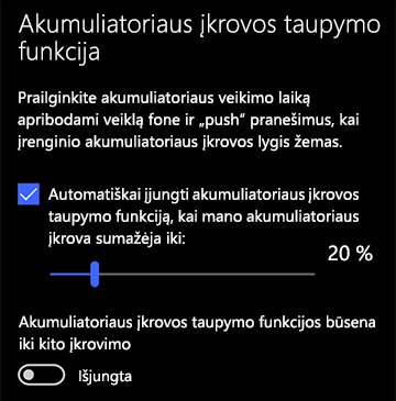 Energijos taupymo funkcijos parametrų vaizdas