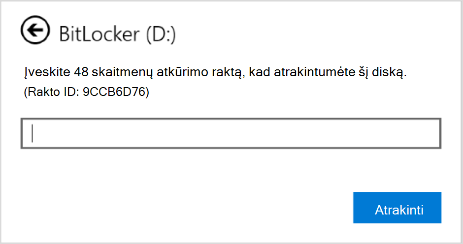 Screenshot of the dialog box to enter the BitLocker recovery for a data drive.