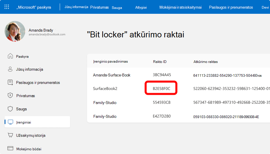 Screenshot of the BitLocker recovery keys for a Microsoft account.