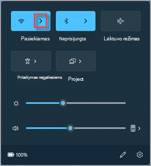 Kur rasti Wi-Fi ryšių valdymą Windows 11 sparčiuosiuose parametruose.