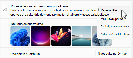 Fono pasirinkimų personalizavimo ekrano nuotrauka.
