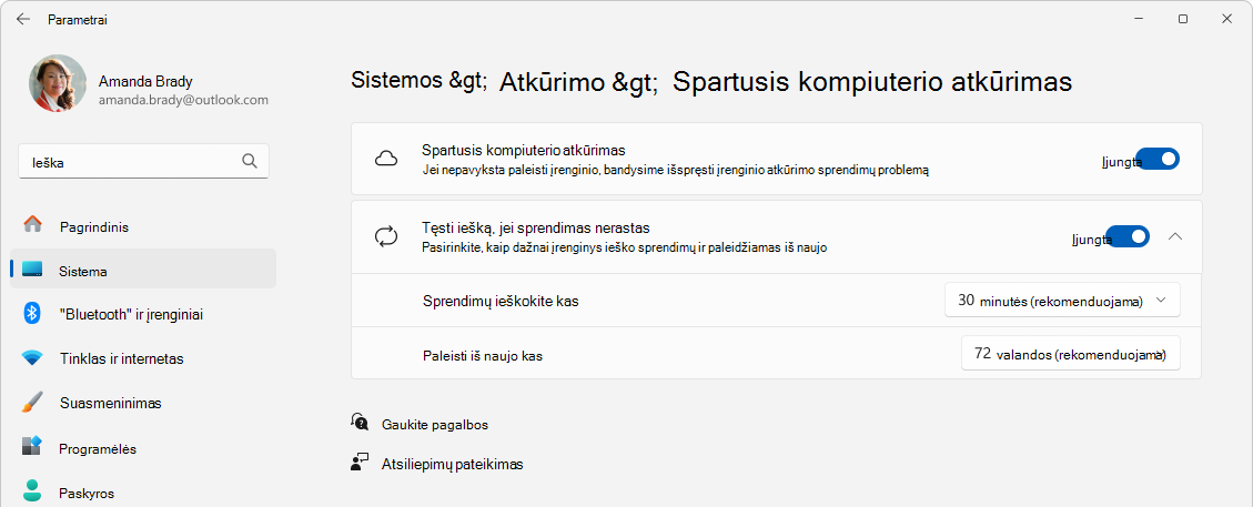 Parametrų > atkūrimo > sparčiojo kompiuterio atkūrimo ekrano nuotrauka.