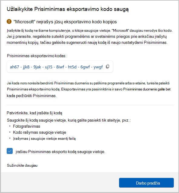 Funkcijos Prisiminimas eksportavimo kodo ekrano kopija