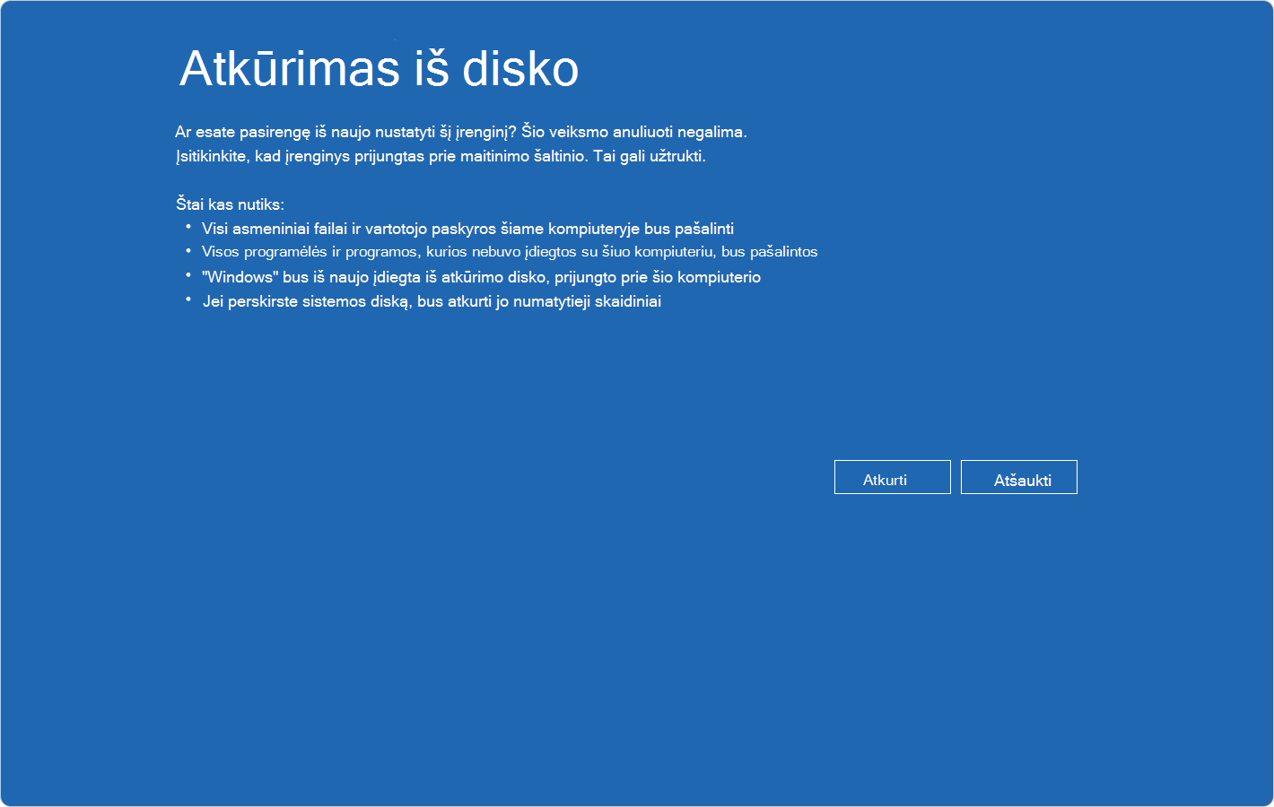 „Windows RE“ ekrano kopija, kurioje rodomas atkūrimo iš disko patvirtinimo