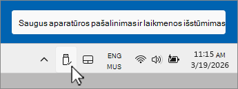 Ekrano nuotrauka, kurioje matoma piktograma Saugiai pašalinti USB įrenginį pranešimų dėkle.