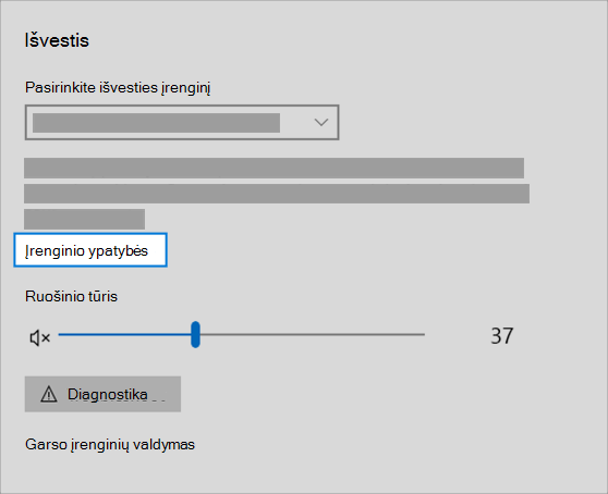 garso išvesties įrenginio ypatybių saitas, esantis garso meniu