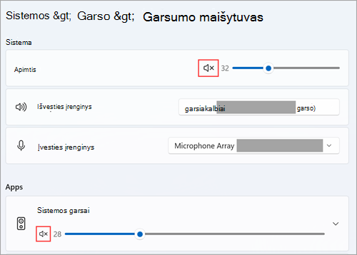 Peržiūrėkite garsumą ir numatytuosius garso įrenginius sistemoje 