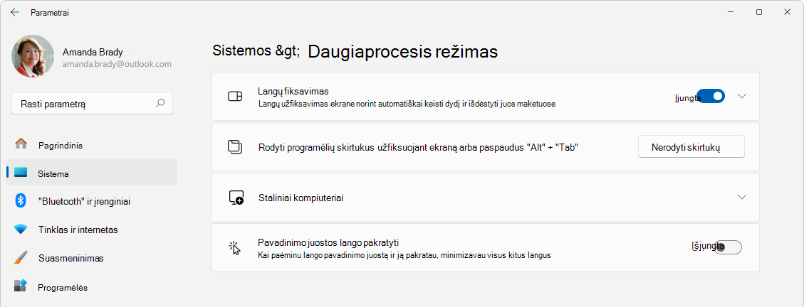 Parametrų > sistemos > daugiaprocesio užduočių atlikimo ekrano nuotrauka.