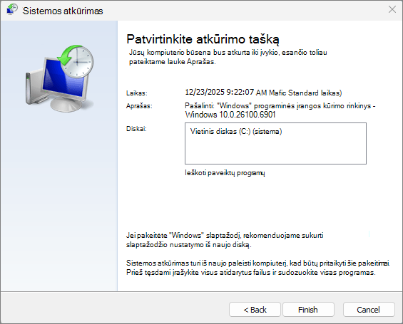 Sistemos atkūrimo ekrano kopija.