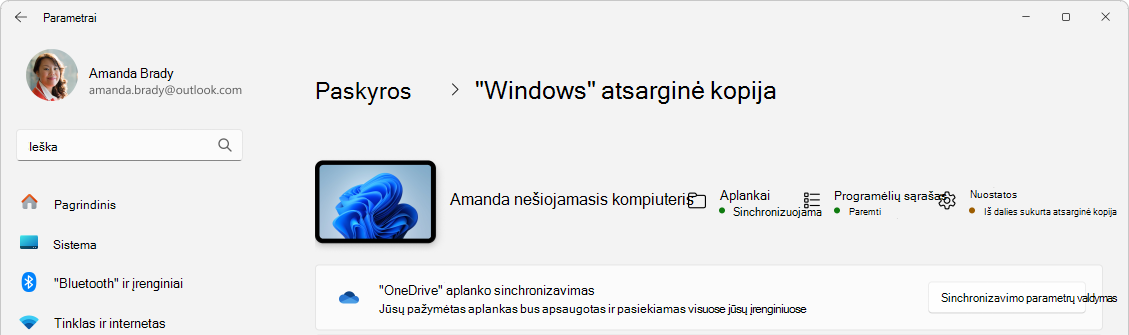 Parametrų ekrano kopija, kurioje rodoma 