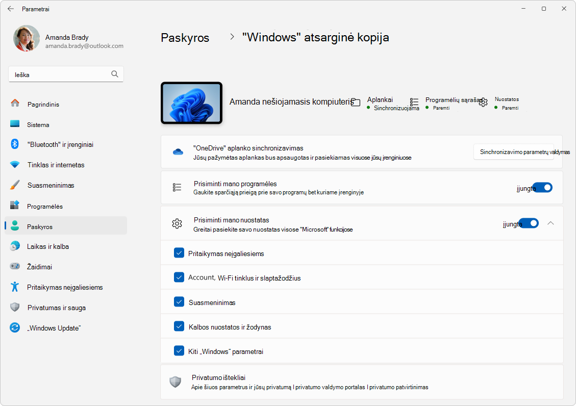 Nustatymų > paskyrų > 