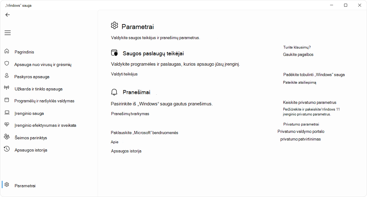 Screenshot of the settings page of the Windows Security app.