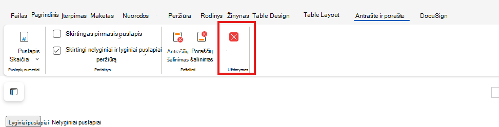Uždaryti antraštės ir poraštės peržiūrą žiniatinklyje