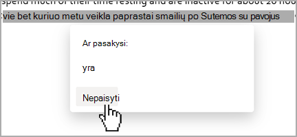 Diktavimo funkcijos pasiūlytas pažymėtas žodis.