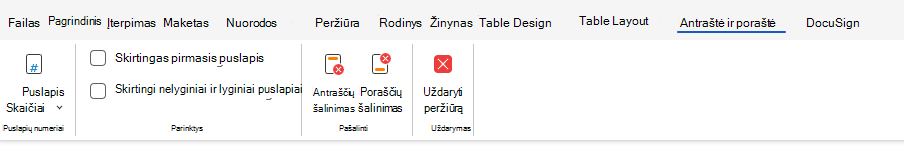Antraščių ir poraščių parinktys juostelėje