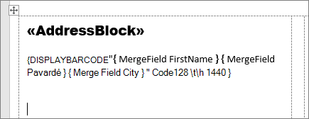 A mailing label with AddressBlock and barcode fields