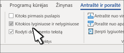 Antraštės juostelėje pasirinktas lyginių ir nelyginių puslapių mygtukas