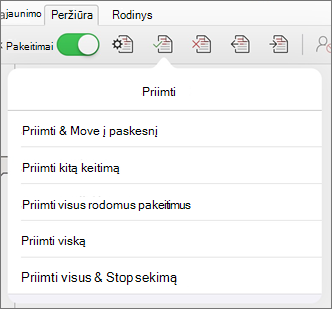Meniu Priimti keitimus