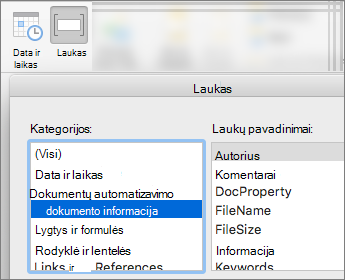Ekrano nuotrauka, kurioje rodomi laukų kodai, filtruoti pagal kategoriją Dokumento informacija