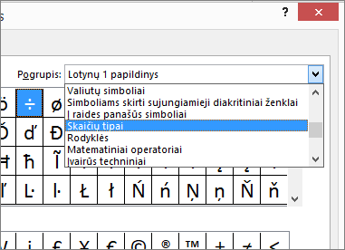 Dialogo lange Pogrupis pasirinkite skaičių formas, kad būtų rodomos trupmenos ir kiti matematiniai simboliai