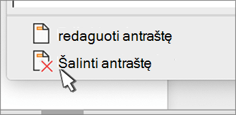 Mygtukas Šalinti antraštę