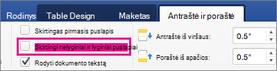 Skirtingi nelyginiai ir lyginiai puslapiai paryškinti skirtuke Antraštės & Poraštės