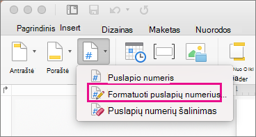 Norėdami formatuoti puslapių numerius, skirtuke Antraštė & Poraštė spustelėkite Puslapio numeris, tada spustelėkite Formatuoti puslapių numerius.