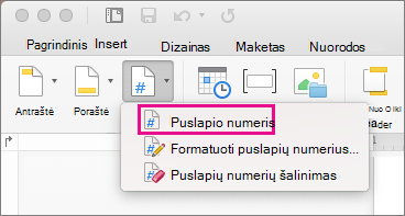Skirtuke Antraštė & poraštė spustelėkite Puslapio numeris meniu Puslapio numeris, kad įtrauktumėte puslapio numerį.