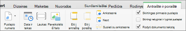 Dukart spustelėjus antraštės ar poraštės sritį, Word rodomas antraštės & poraštės skirtukas.