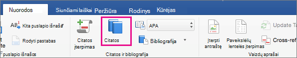 Skirtuke Nuorodos paryškinta parinktis Citatos.